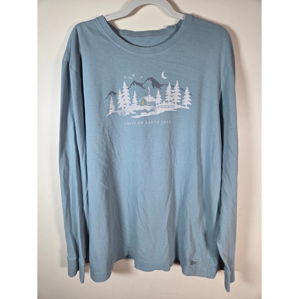 Life Is Good Crusher T-Shirt Mens XL Blue Peace On Earth 2022 Cabin Graphic